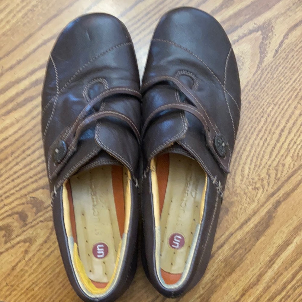 Clarks brown slip on shoes